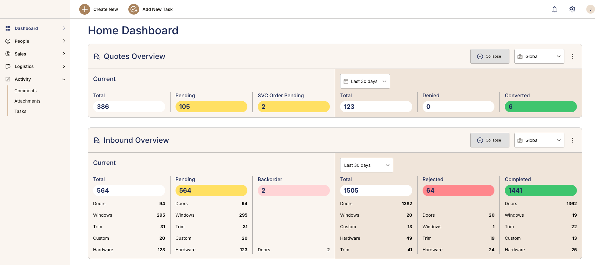 OmniView Construct Home Dashboard showing quotes overview, inbound tracking, and vendor purchase orders