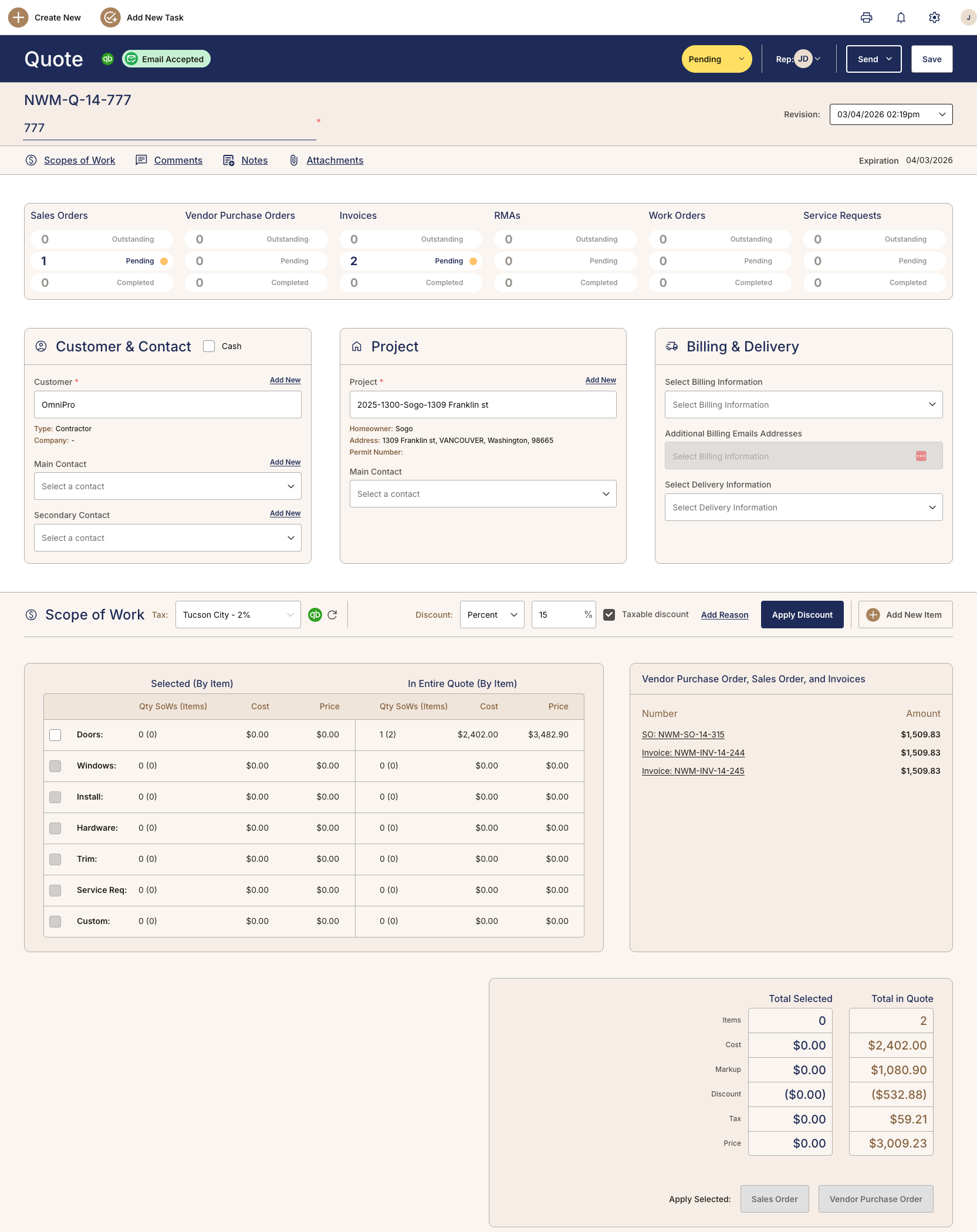 OmniView Construct quote detail showing scope of work, pricing totals, and vendor purchase order references
