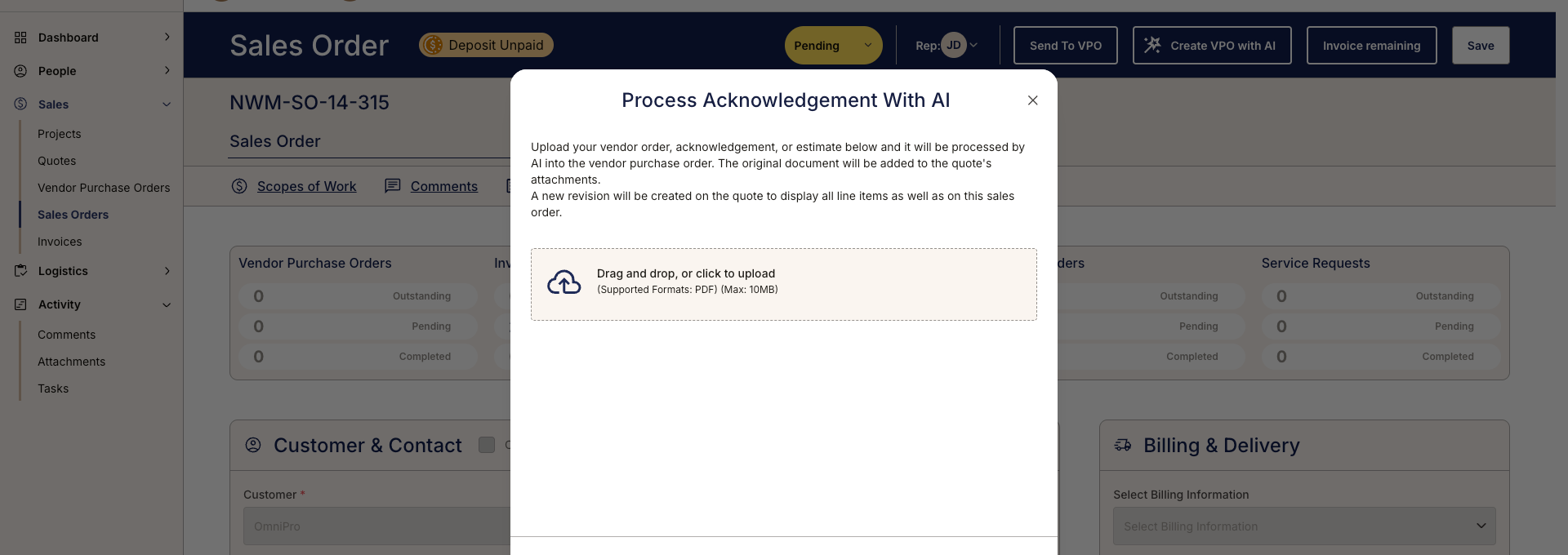 OmniView Construct sales order with AI-powered vendor acknowledgement processing