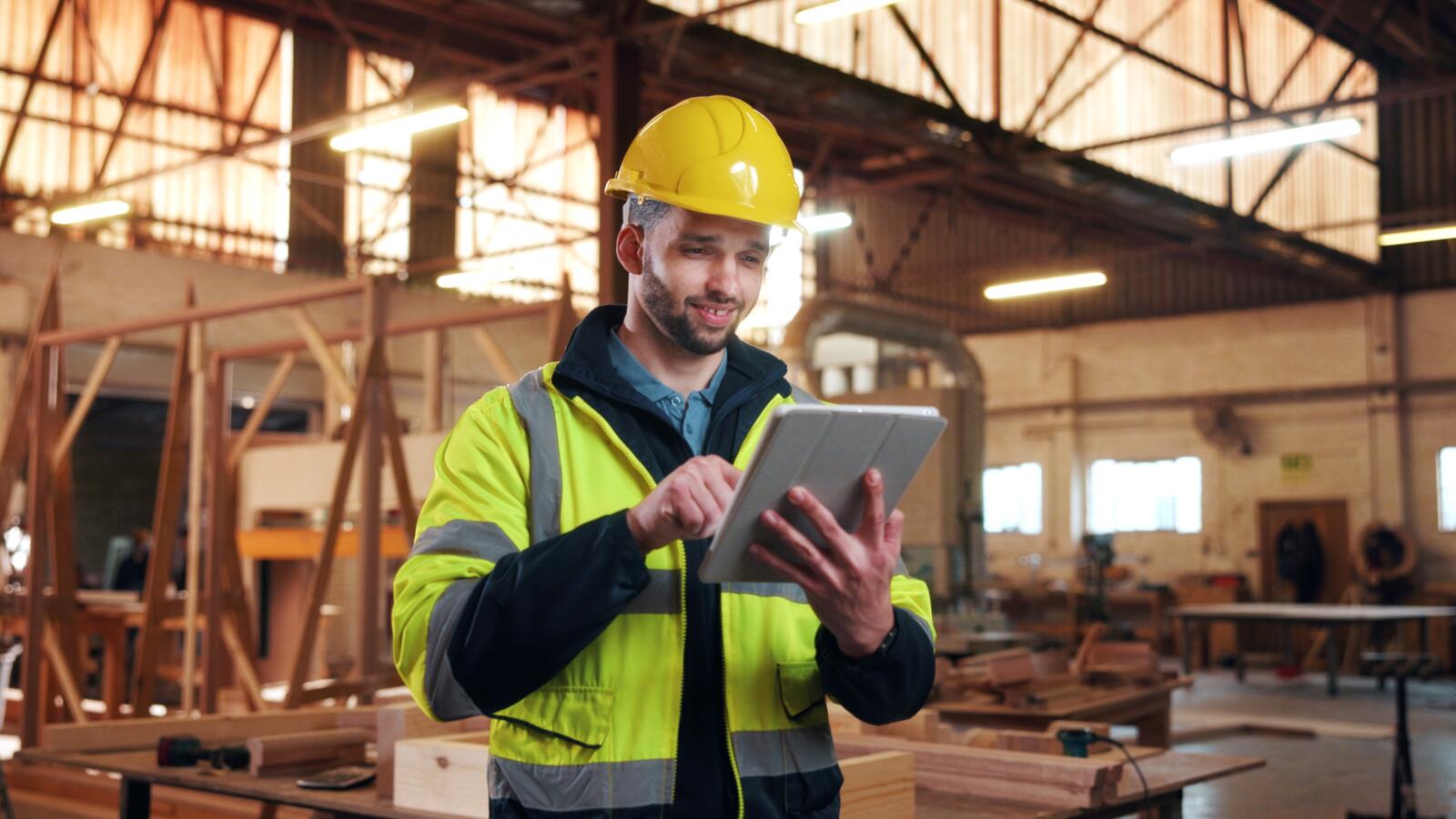 Carpentry,,Tablet,And,Man,In,Warehouse,For,Online,Planning,,Furniture