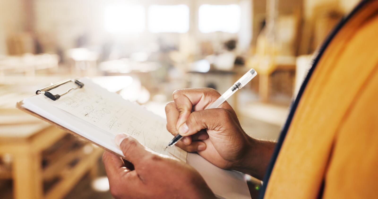 Carpentry,,Review,Or,Hands,In,Factory,With,Clipboard,,Quotation,Or